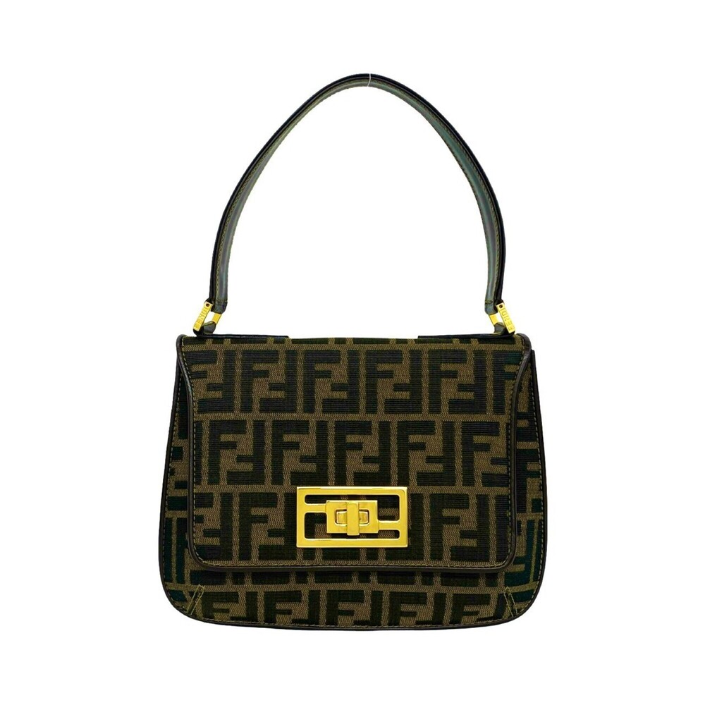 FENDI Zucca FF pattern canvas and leather semi-shoulder bag/handbag, brown/bl...